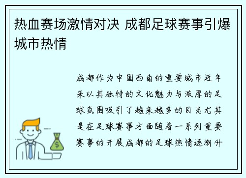 热血赛场激情对决 成都足球赛事引爆城市热情